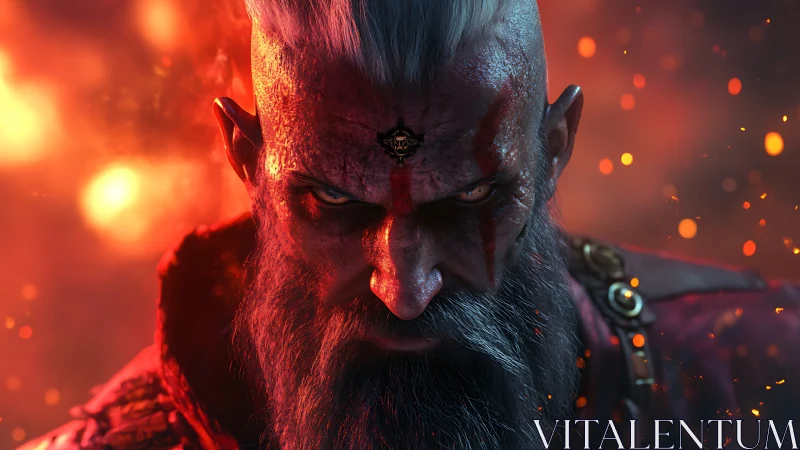 Battle-scarred warlord glares through blazing embers.