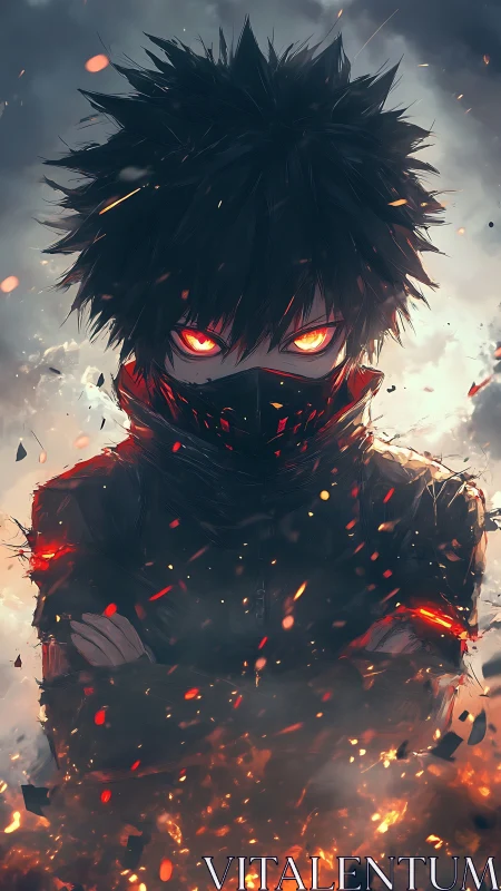 Incendiary masked antihero in dramatic anime inferno portrait.