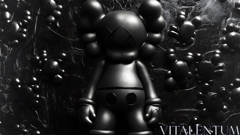 Black vinyl toy figure lies on textured glossy surface