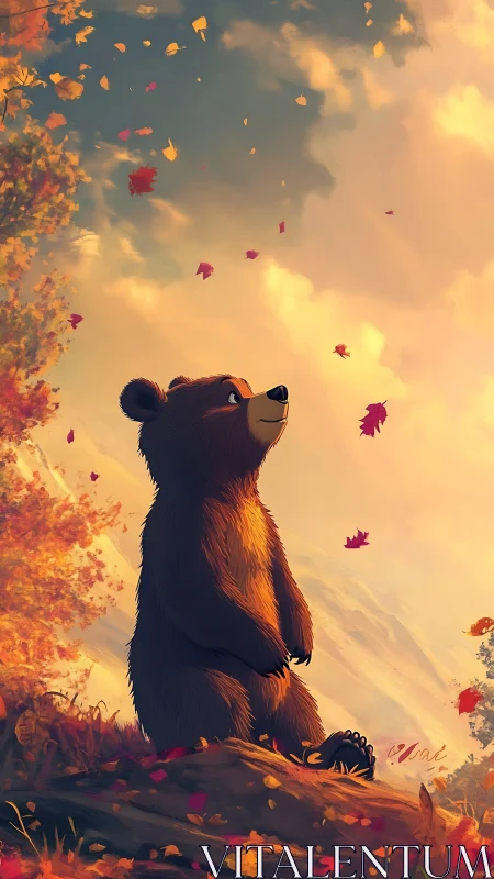 Young bear standing on hill under warm autumn sky.