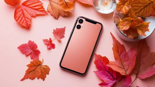 Rose gold smartphone amid stylized autumn foliage arrangement.