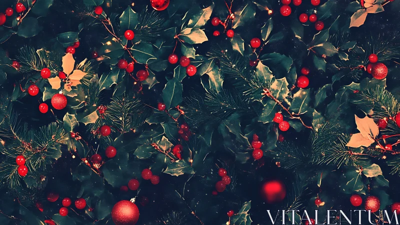 Holly tangle of scarlet berries and secret Christmas lights.