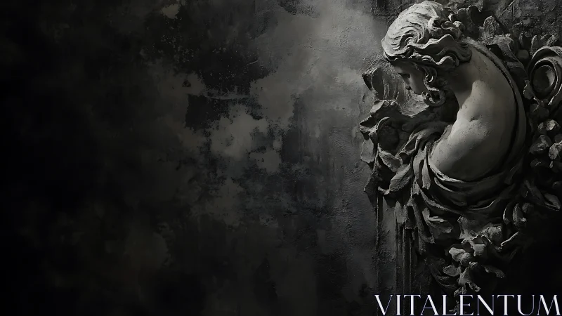 Baroque stone angel emerging from shadowed concrete wall.