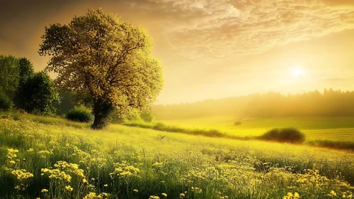 Golden sunrise bathes a wildflower meadow in soft haze