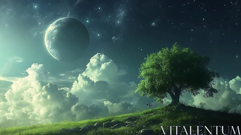 Lone hilltop tree under vast alien sky and planet.