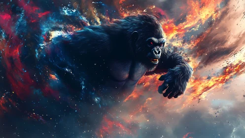 Cosmic gorilla erupts through nebulae in roaring starlight.