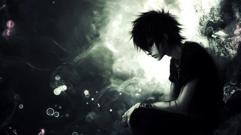 Brooding anime boy in misty monochrome dreamscape lighting.
