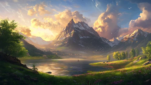 Sunlit mountain lake where quiet clouds drift and glow.