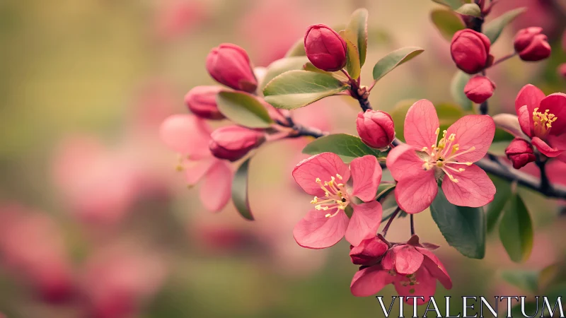 Pink flowering tree blossoms in various growth stages on branch.