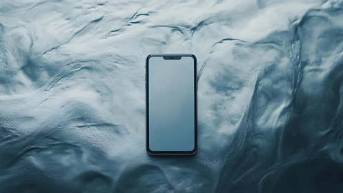 Solitary smartphone drifting over storm-glass waterscape.