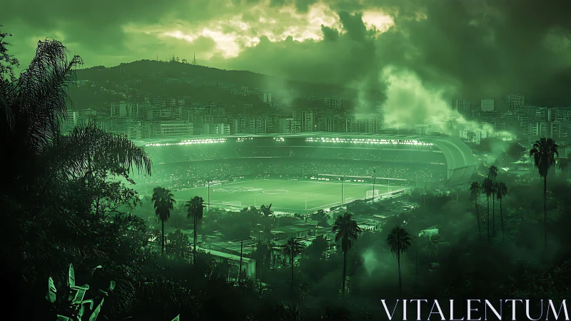 Emerald-lit urban football stadium within misty hillside metropolis.