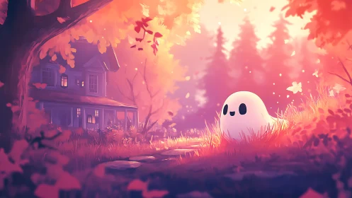 Cozy autumn ghost resting by a glowing forest home.