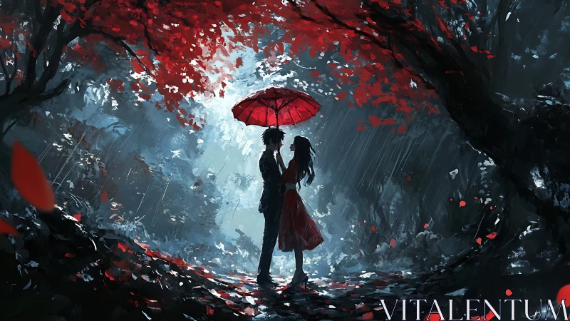 Romance blooms where crimson umbrellas defy the storm