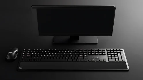 Minimalist black desktop setup with sleek monitor and RGB keys.