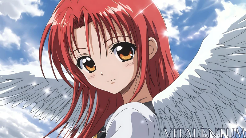 Red haired winged anime girl against bright cloudy sky.