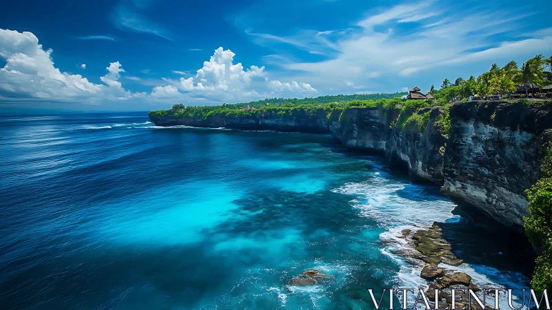 Turquoise waves carve sheer tropical cliffs under vivid sky.
