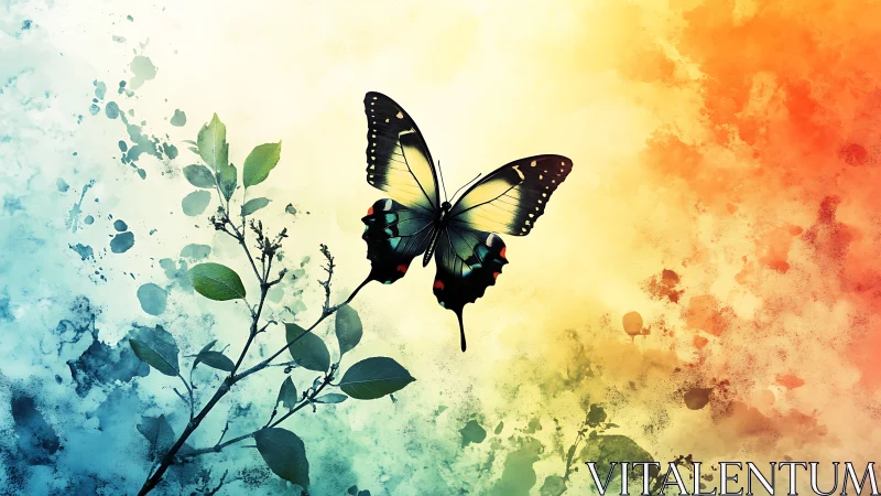 Butterfly hovers in radiant watercolor sky of shifting hues.