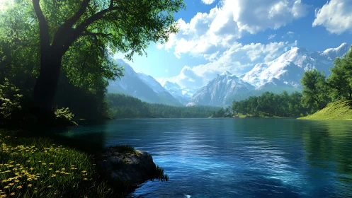 Sunlit alpine lake framed by lush forest and peaks.