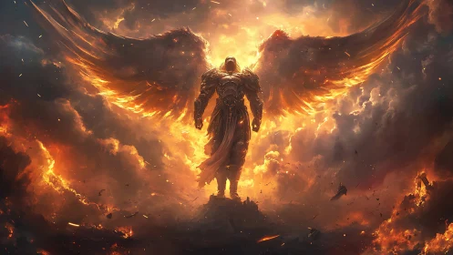 Armored seraph ascends through burning storm clouds