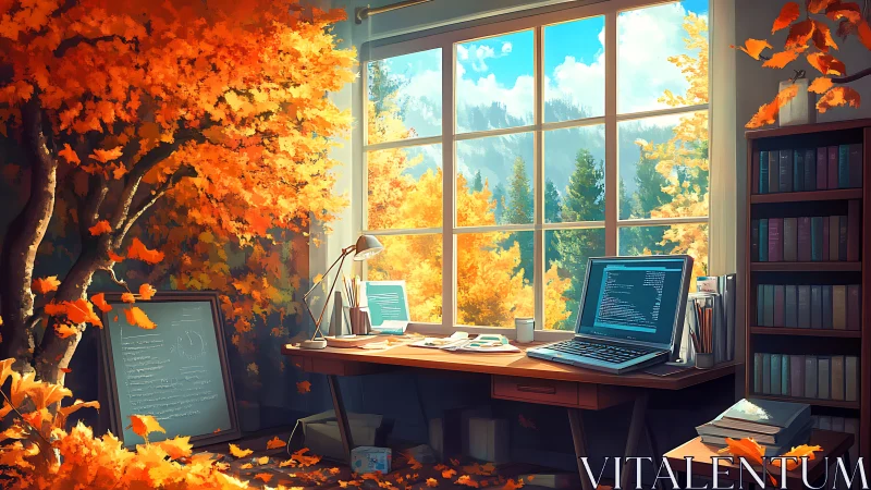 Autumn-lit programmer’s studio merges nature with digital focus