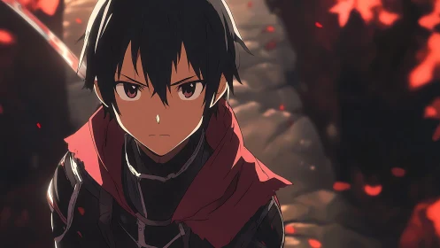 Male anime character stands in armor under warm rim lighting