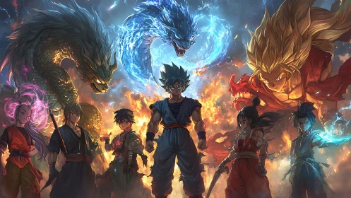 Heroic anime warriors confront elemental dragon forces in battle