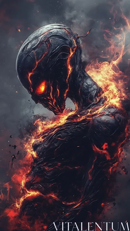 Molten fire spirit gazes ahead with blazing, molten calm