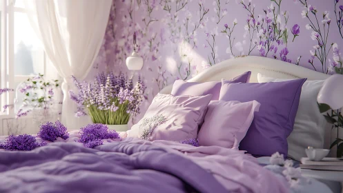 Lavender bedroom sanctuary glows in soft morning light.