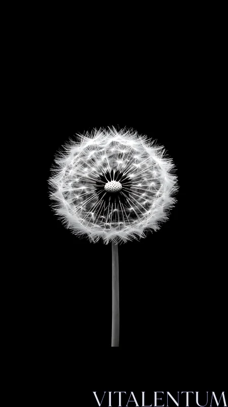 Minimalist dandelion seed head glows against deep black space