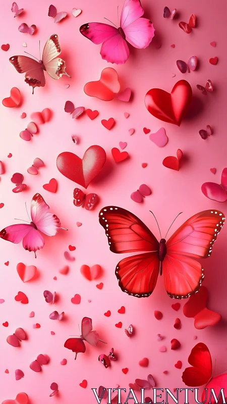Pink butterflies and hearts over soft romantic backdrop.