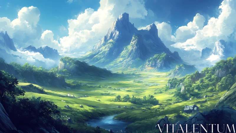 Sunlit emerald valley stretches beneath towering cloudlit peaks