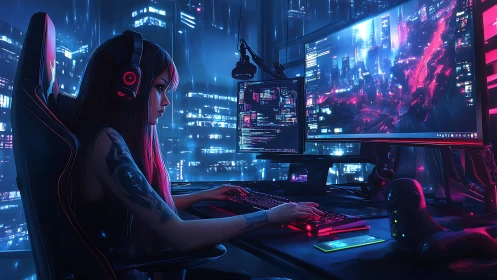 Woman operates multi-monitor workstation in neon city setting