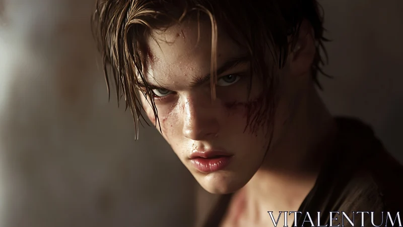 Bruised young man with intense stare in dim light.