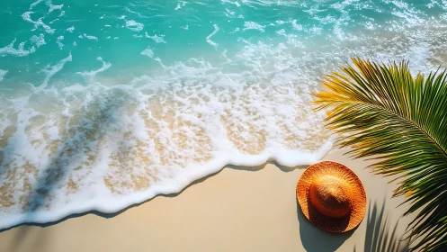 Sunlit straw hat on turquoise tropical shoreline edge.