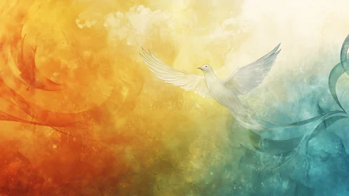 White dove soars across warm gold and cool teal sky
