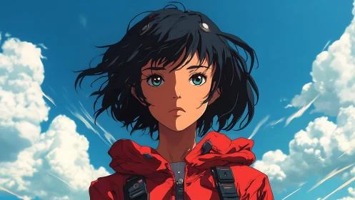 Skybound wanderer in red jacket under restless summer clouds.