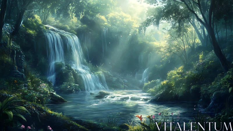 Enchanted forest waterfall sanctuary with cascading streams.