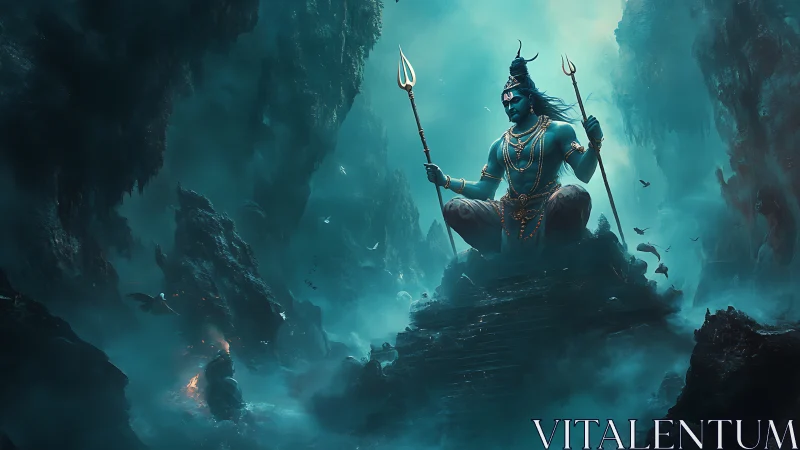 Blue-skinned deity sits with tridents in misty rocky canyon
