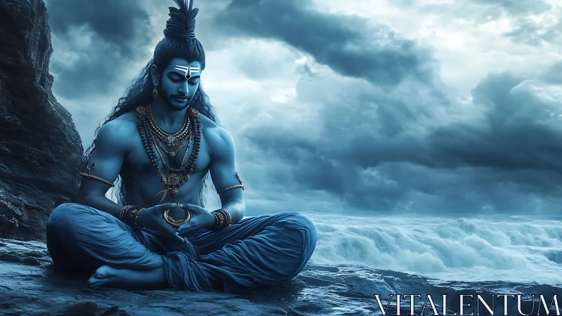 Blue-skinned meditative deity on rocky shore in storm.