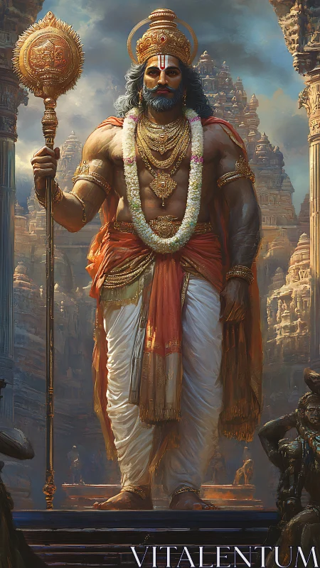 Regal mythic guardian in ornate temple courtyard setting.