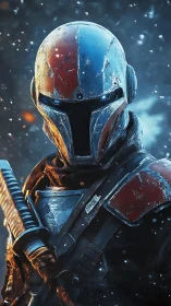 Armored sci fi warrior stands ready in a frozen storm.