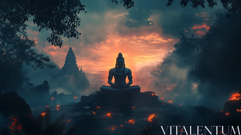 Serene stone deity meditating amid glowing twilight embers.