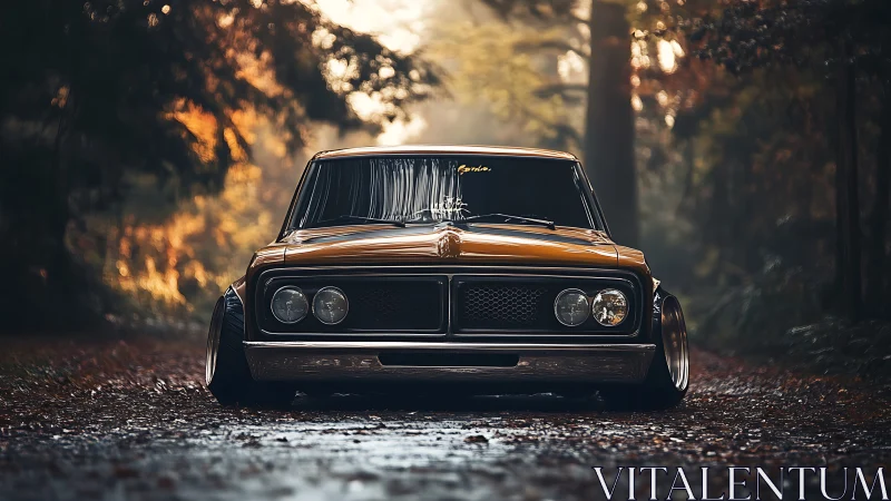 Classic modified sedan parked on forest road in autumn light.