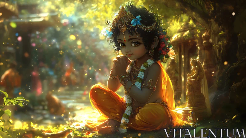 Divine child in bright garlands sitting in sunlit forest.