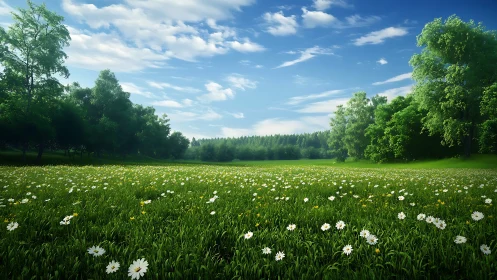 Wide-angle spring meadow panorama with daisies and treeline