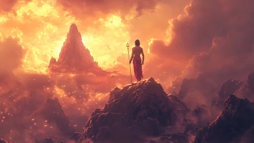 Lone wanderer greeting a blazing mountain of sunrise fire.