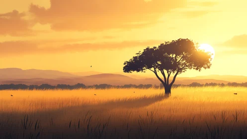 Golden savannah sunset with solitary tree and long shadows.