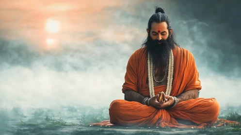 Meditating sage in orange robes under misty sunrise sky.