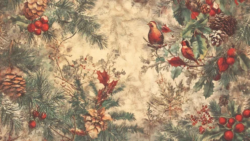 Vintage watercolor winter foliage pattern with songbirds border.