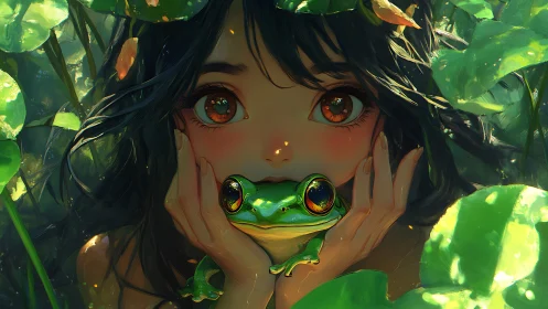 Girl holds a frog in dense green foliage under dappled light
